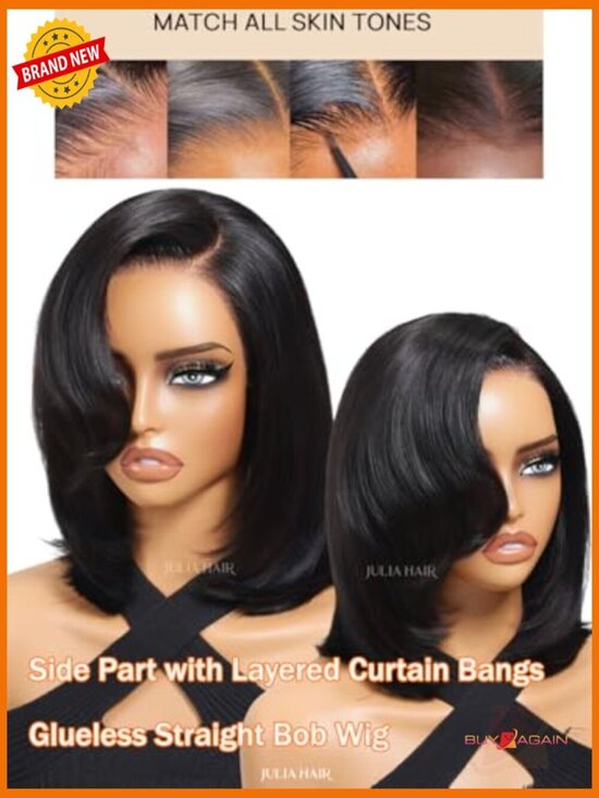 HD Lace Side Part Bob Wig Pre-Styled With Curtain Bangs Glueless 12 Inch main image 4